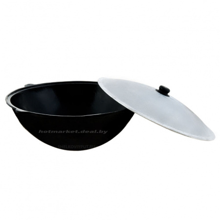 Казан узбекский чугунный 8л плоское дно с алюминиевой крышкой